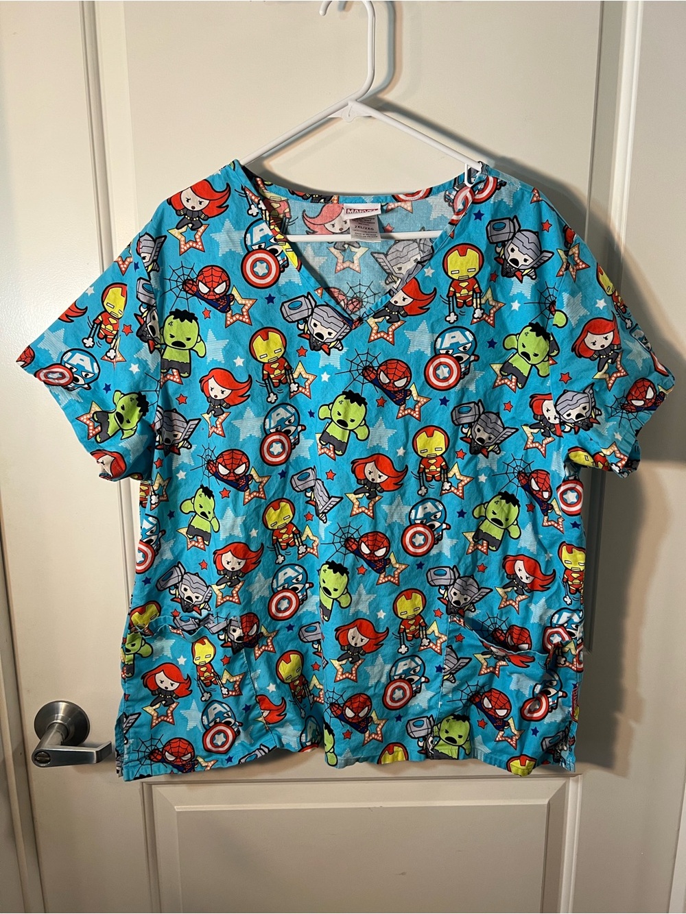 Marvel Scrub Top Baby Avengers scrubs Super Hero Nurse Tech Size 2XL Blue Pocket